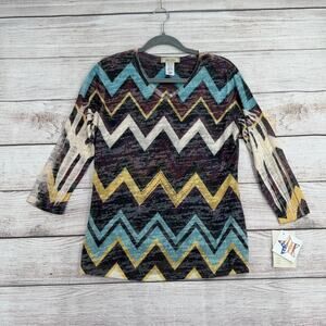 Jess & Jane Jeweled Geometric Print Blouse Womens Small Blue Purple Made USA NEW